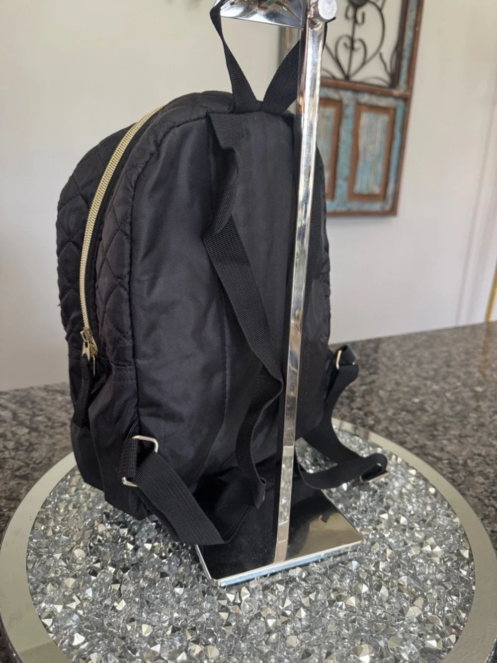 Daisy Fuentes Quilted Black Mini Backpack with Gold Accents EUC